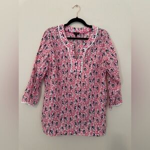 Talbots Pink Monkey Jungle Print Tunic Top Sz L Popover Vacation Cruise Summer